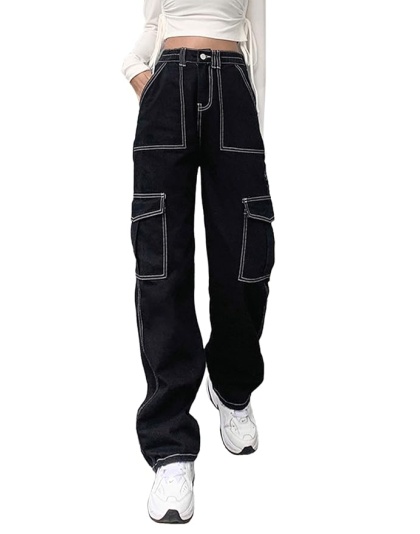 Urban Contrast High-Waist Black Stitch Cargo Jeans
