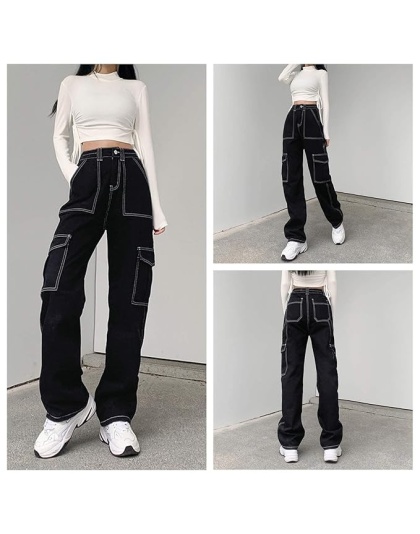 Urban Contrast High-Waist Black Stitch Cargo Jeans
