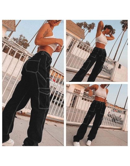 Urban Contrast High-Waist Black Stitch Cargo Jeans