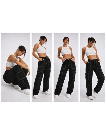 Urban Contrast High-Waist Black Stitch Cargo Jeans