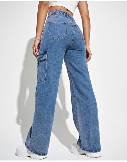 Women’s High-Rise Blue Cargo Straight Fit Jeans