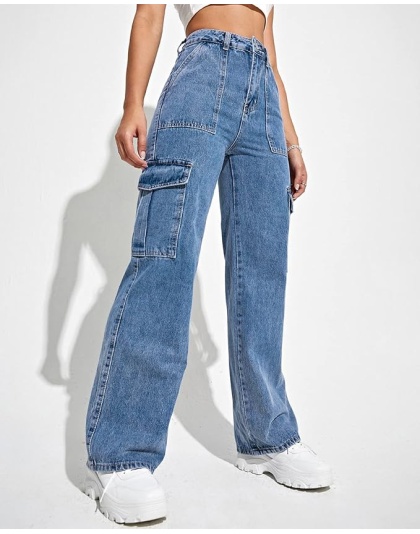 Women’s High-Rise Blue Cargo Straight Fit Jeans