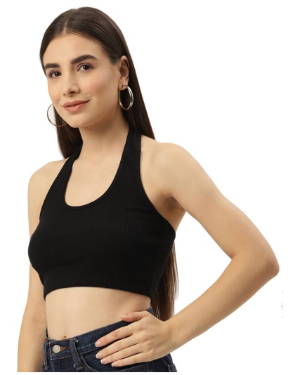 Women’s Black Ribbed Halter Neck Crop Top