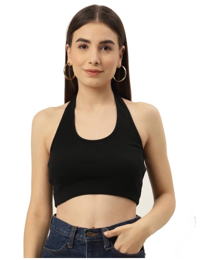 Women’s Black Ribbed Halter Neck Crop Top