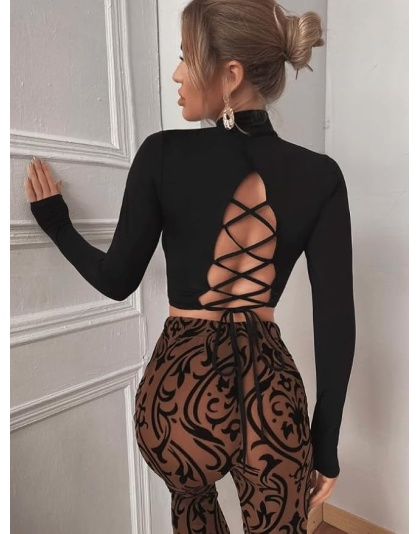 Women’s Black Back Lace-Up High Neck Crop Top