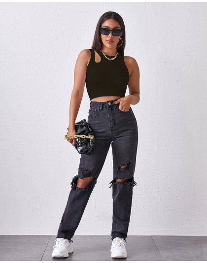 Women’s Black Ribbed Cut-Out Tank Crop Top