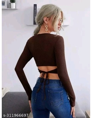 Women’s Brown Ribbed Long Sleeve Crop Top