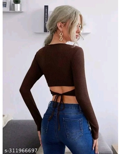 Women’s Brown Ribbed Long Sleeve Crop Top