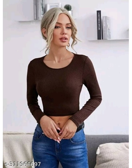 Women’s Brown Ribbed Long Sleeve Crop Top