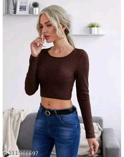 Women’s Brown Ribbed Long Sleeve Crop Top