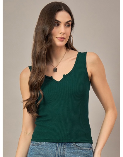 Forest Muse V-Cut Tank, Hunter Green Ribbed Crop, Midnight Ivy Notch Top.