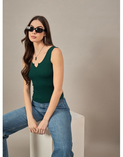 Forest Muse V-Cut Tank, Hunter Green Ribbed Crop, Midnight Ivy Notch Top.