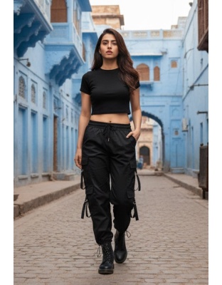 Acoustix UrbanEase Beige Wide-Leg Black Cargo Pants