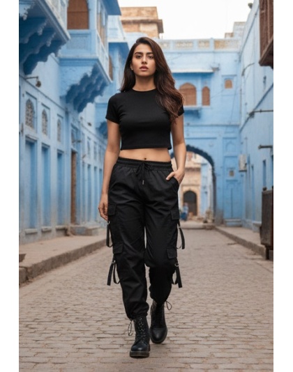 Acoustix UrbanEase Beige Wide-Leg Black Cargo Pants