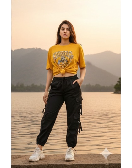 Acoustix UrbanEase Beige Wide-Leg Black Cargo Pants