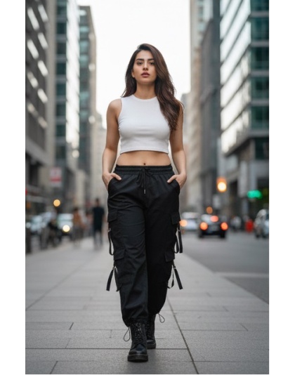 Acoustix UrbanEase Beige Wide-Leg Black Cargo Pants