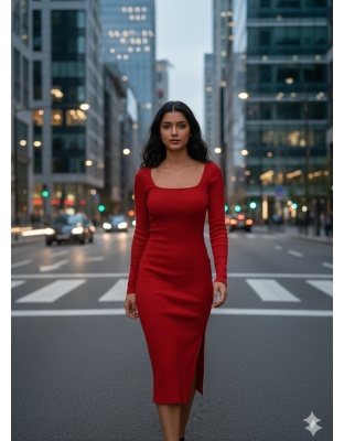 Red Square Neck Tie Up Detail Bodycon Dress