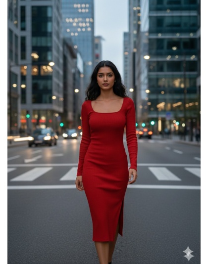 Red Square Neck Tie Up Detail Bodycon Dress