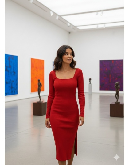 Red Square Neck Tie Up Detail Bodycon Dress