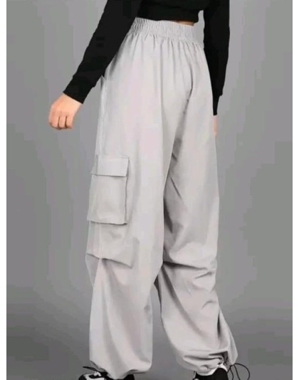 High Waist Cotton Trousers for Women – Flared Parachute Pants with Side Pockets