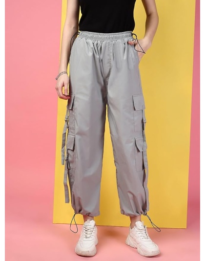 High Waist Cotton Trousers for Women – Flared Parachute Pants with Side Pockets